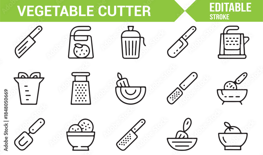 Obraz premium Vegetable cutter and food prep icons in editable vector format