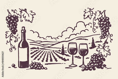 Wine Vineyard Landscape With Bottle And Glasses Hand Drawn Vector