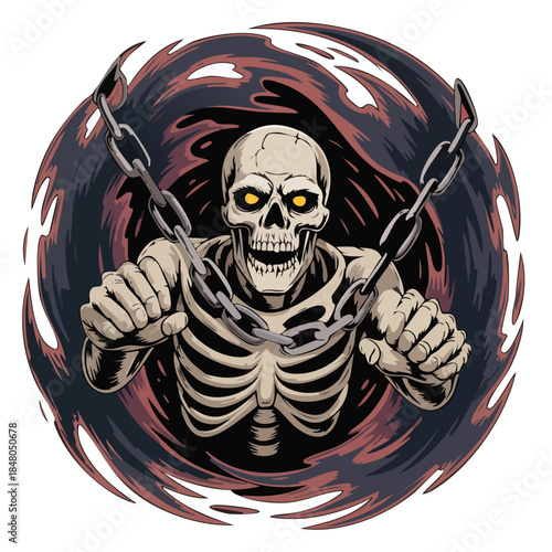 Skeleton Gripping Chains In Circular Dark Aura.