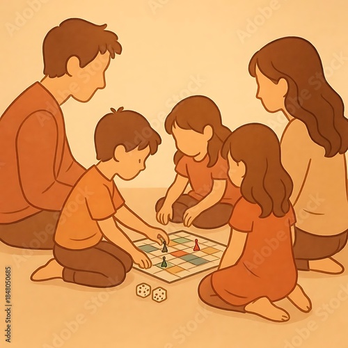 Family playing board game together on floor at home