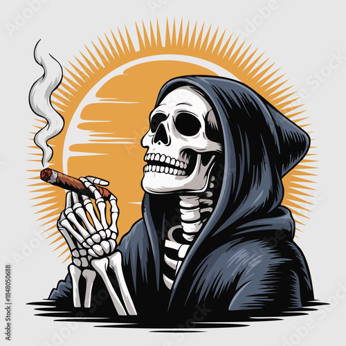 Skeleton in Hood Smoking Cigar Illustration.