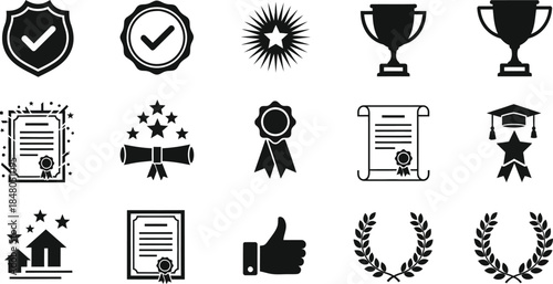 Collection of achievement icons including awards badges and diplomas on transparent background