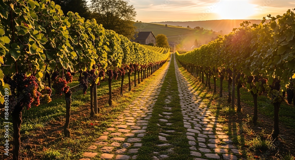 Naklejka premium Golden Hour Glow Over Lush Vineyard Rows with Cobblestone Path.