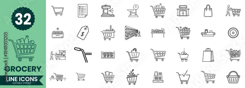 Grocery Line Icons Set Shopping Cart, Food Market, Supermarket, Retail, Delivery Minimal Line Art Pack