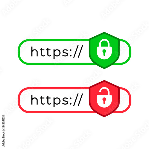 Browser address bars that display secure and insecure web addresses isolated on white background. Vector stock