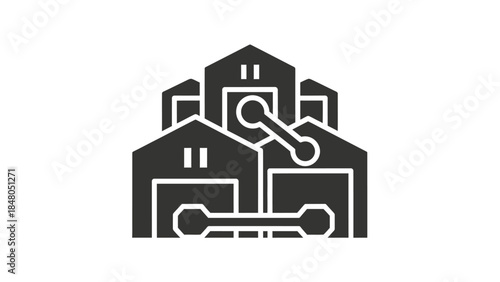 Simplified icon representation of interconnected smart home devices and automation system in