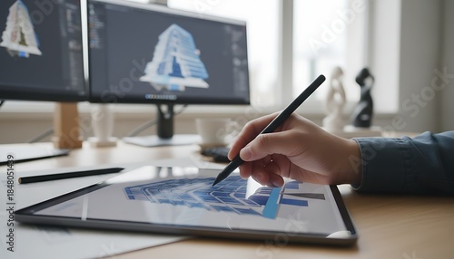 Architectural Design Project On Digital Tablet And Computer Screens With 3D Building Models
