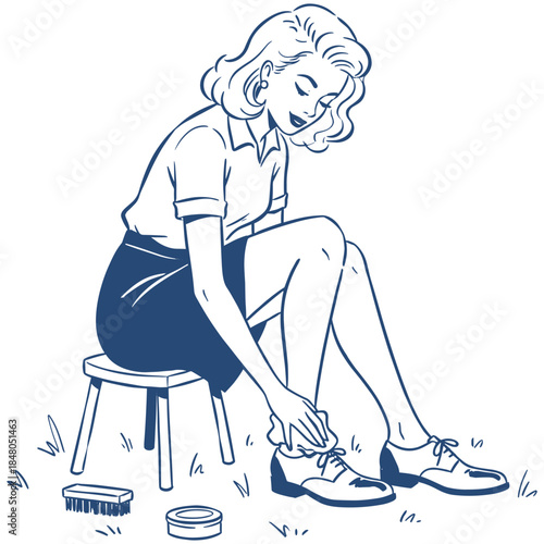 Retro Woman Polishing Shoes.Vintage Shoeshine Lady.Classic Shoe Care Routine.Line Art Cleaning Footwear.Pinup Girl Shoe Polish