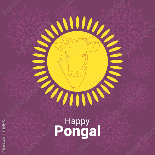 Happy Pongal banner. Line art of a cow and sun. Poster for the Indiana harvest festival. Vector.