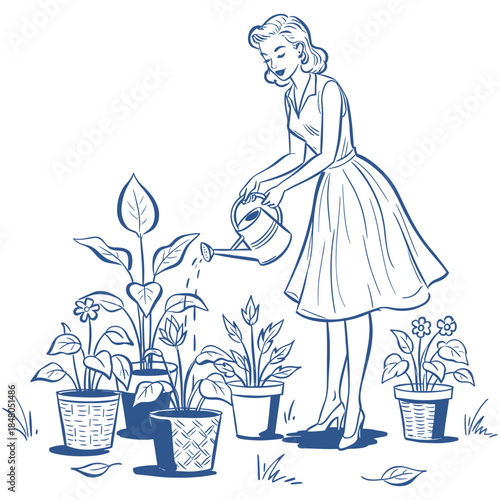 Retro woman watering flowers.Vintage gardening illustration.Housewife lifestyle sketch.1950s girl with water can.Pinup style gardening hobby