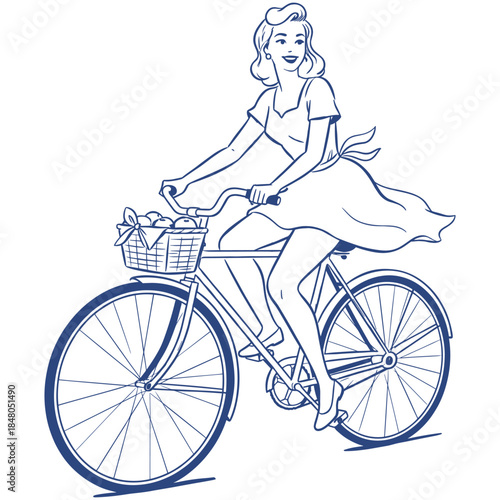 Retro Pin-up Girl on Bike.Vintage Lady Cycling.Happy Woman Riding Bicycle.Old Fashioned Bike Rider.Classic Line Art Cycling