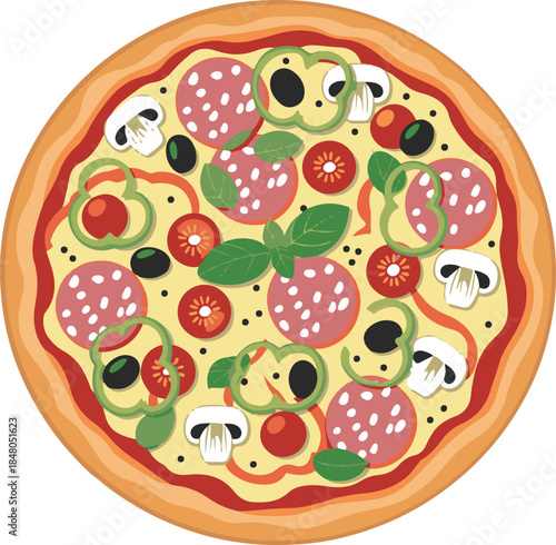 pizza isolated in White Background, pizza vector, Flat lay vector illustration. vector illustration of pizza with vegetables.Cartoon pizza isolated on a white background. vector illustration of pizza.