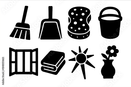 Nowruz Cleaning Icons. Nowruz Cleaning Ritual silhouette set: broom, dustpan, bucket, sponge, open window, folded cloth, sunlight beam, flower vase