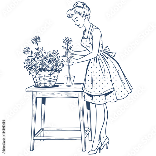 Retro woman arranging flowers.Pin up girl with bouquet.Vintage housewife tending garden.Classic style domestic scene.Line art woman and vase