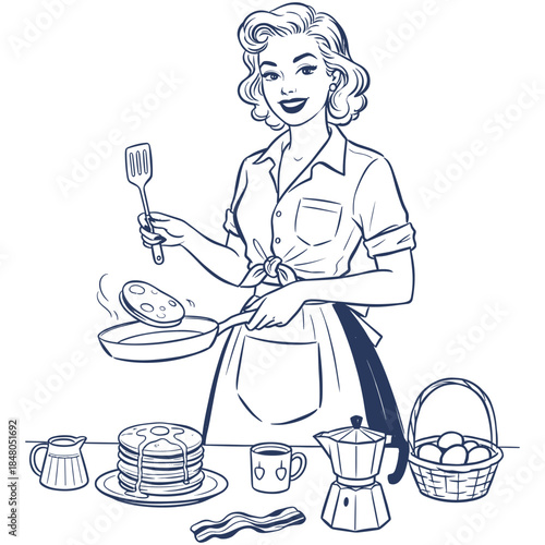 Retro Woman Cooking Breakfast.50s Diner Style Chef.Vintage Housewife Outline.Pin Up Girl Making Pancakes.Happy Morning Routine Sketch