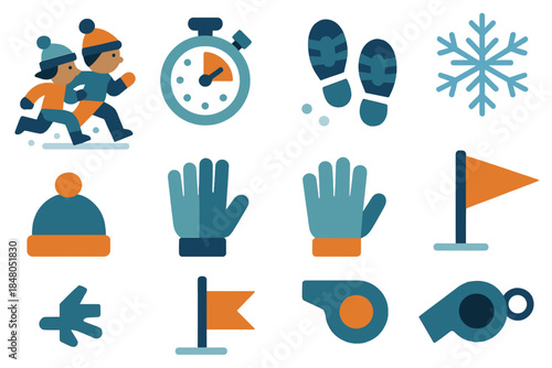 Snow Sprint Icons. Snow Sprint in geometric flat style: kids running in snow, timer, footprints, snowflake, hat, gloves, flag, whistle