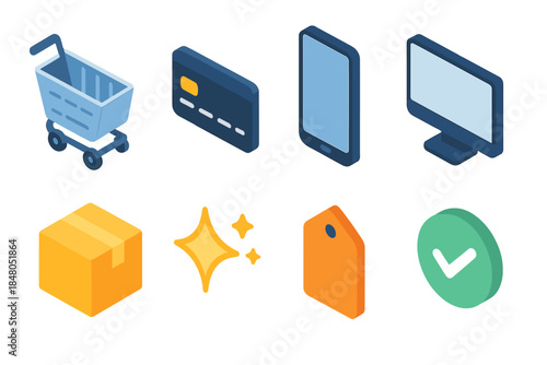 E-commerce Icon Set. Online Purchase Flow flat icons: cart, credit card, phone, screen, delivery box, sparkle, tag, confirmation check