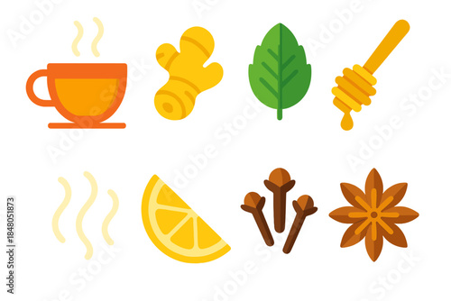 Herbal Tea Icons. Warm Herbal Infusion modern flat vector icons: teacup, ginger slice, mint leaf, honey dipper, steam, lemon wedge, cloves, star anise
