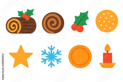 Festive Dessert Icons. Festive Dessert Roll modern flat vector icons: yule log cake, chocolate swirl slice, holly leaf, powdered sugar, star, snowflake, plate, candle
