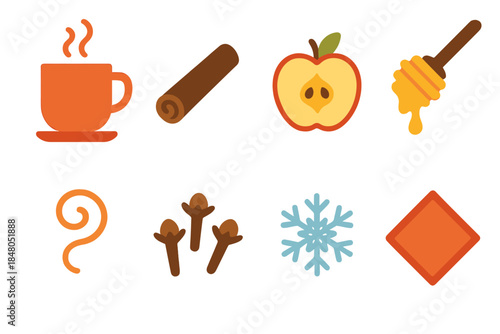 Spiced Apple Icons. Spiced Apple Comfort modern flat vector icons: warm cup, cinnamon, apple slice, honey dipper, steam swirl, cloves, snowflake, napkin
