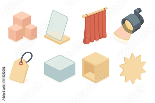 Isometric Retail Icons. Retail Window Styling flat icons: display risers, acrylic stand, velvet curtain, spotlight, price tag, mirror slab, shelf cube, decal