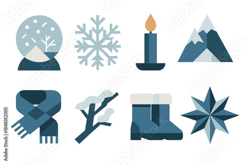 Winter Icon Set. Frosty Enchantment in geometric flat style: snow globe, snowflakes, candle, mountain, scarf, snow-covered branch, boots, star