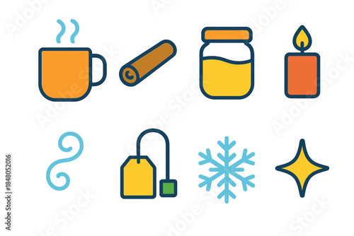 Cozy Tea Essentials. Relaxing Tea Scene modern flat vector icons: mug, cinnamon stick, honey jar, candlelight, steam swirl, tea bag, snowflake, sparkle