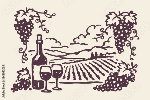 Wine Vineyard Landscape With Bottle And Glasses Hand Drawn Vector