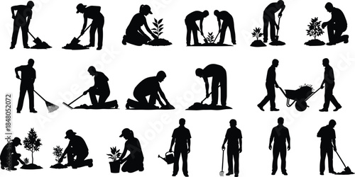 Gardening silhouettes set, showing people planting digging watering landscaping teamwork, agriculture eco friendly outdoor work vector illustration collection icons