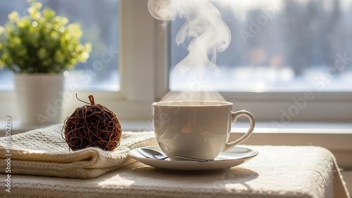 Warm Cup of Coffee Steaming on a Sunlit Windowsill with a Cozy Decor Accent