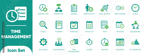 Time management and productivity vectors. Features clock, deadline, agenda, and workflow symbols. Ideal for planning apps, scheduling, and business UI.