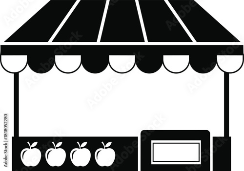 Minimal grocery market stall icon with apples, flat black and white vector illustration for retail shop, farmers market, food store branding, design template symbol