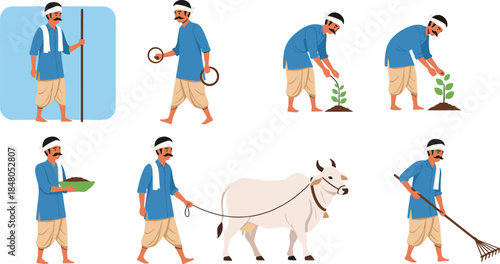 Traditional farmer daily activities, rural agriculture lifestyle illustration, planting crops, harvesting, cattle farming, village life concept, flat vector design, sustainable farming culture