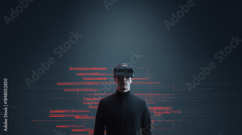 Man in Dark Futuristic Scene with Digital Data Lines and Technology Interface Concept