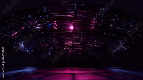 Rotating 3D metal figure in neon light.