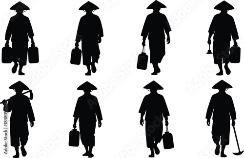 Traditional rural worker silhouettes walking sequence, conical hat figures carrying tools and bags, isolated black people icons set on white background, vector illustration design