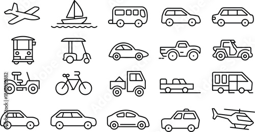 Vehicle and transportation line icon set, car, bus, plane, boat, bicycle, travel symbols, vector illustration for traffic design.