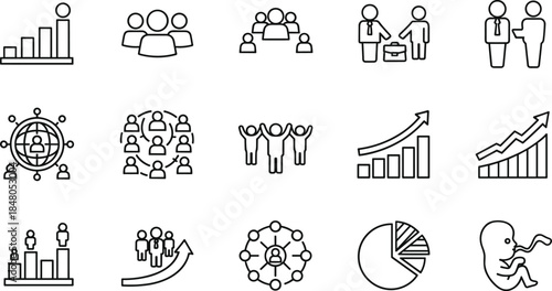 Business growth and population line icon set, people statistics, team success, financial chart, global network, vector illustration symbols.