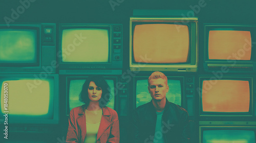 Two Media Creators Sitting in Front of Vintage Television Screens with Cinematic Retro Lighting