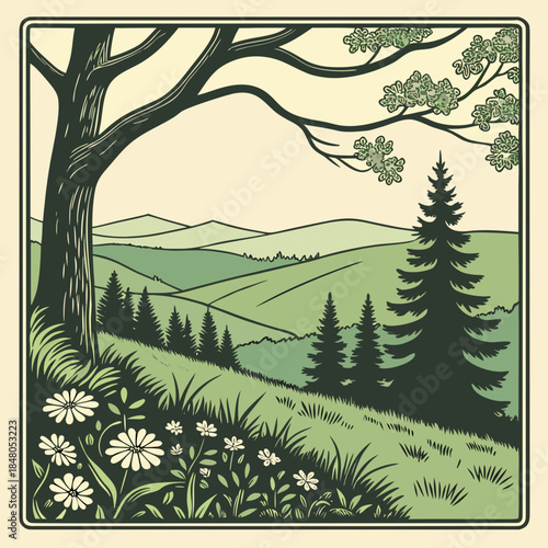 Green hillside with tree flowers and pine trees in style