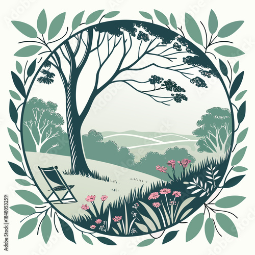 Serene landscape with tree chair and flowers in circular frame