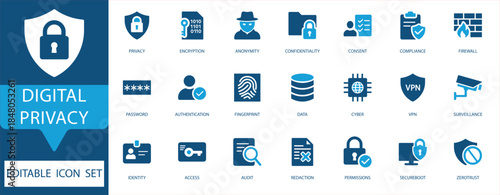 Digital Privacy Icon Set. Confidentiality, data encryption, anonymity, identity, and compliance concepts. Essential for GDPR, online security, and user data management project
