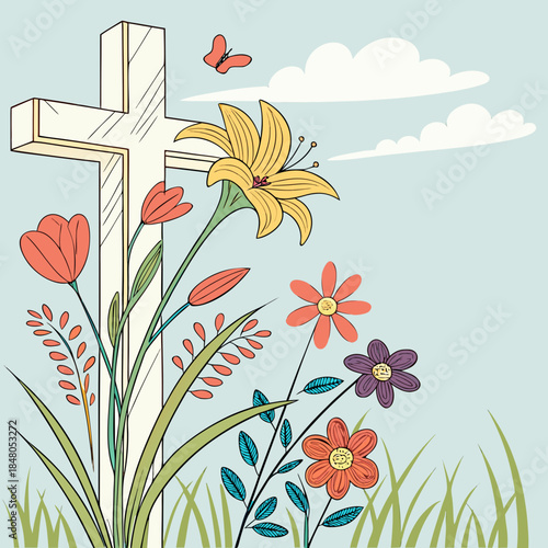 White cross surrounded by colorful flowers and grass