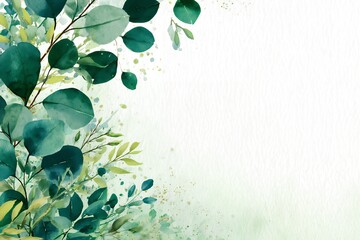 Watercolor eucalyptus leaves border design with copy space on textured white background, concept for wedding invitation design, greeting card background and natural product packaging