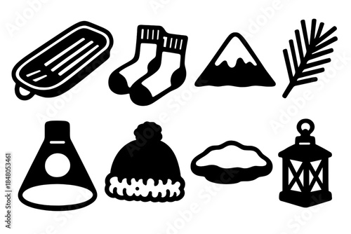 Winter Sled Icons. Winter Sled Play silhouette set: plastic sled, wool socks, snowy ridge, pine sprig, gentle spotlight, fluffy hat, snow patch, small lantern