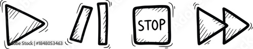A set of four hand-drawn doodle icons on a single image a wobbly play button, a crooked pause button, a rough stop button, and an imperfect fast-forward icon