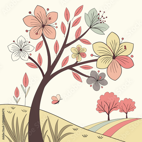 Colorful tree with flowers and butterfly on hillside