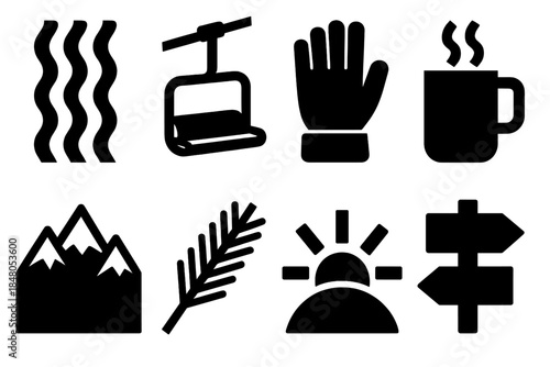 Winter Activity Icons. Team Winter Activities silhouette set: sled tracks, ski lift seat, windproof glove, thermos cup, snowy ridge, pine branch, gentle beam, trail sign