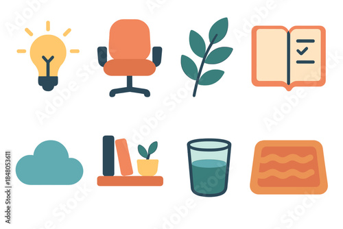 Serene Office Icons. Serene Work Environment modern flat vector icons: dim light bulb, cushioned chair, leafy branch, open planner, calm cloud icon, tidy shelf, water glass, soft