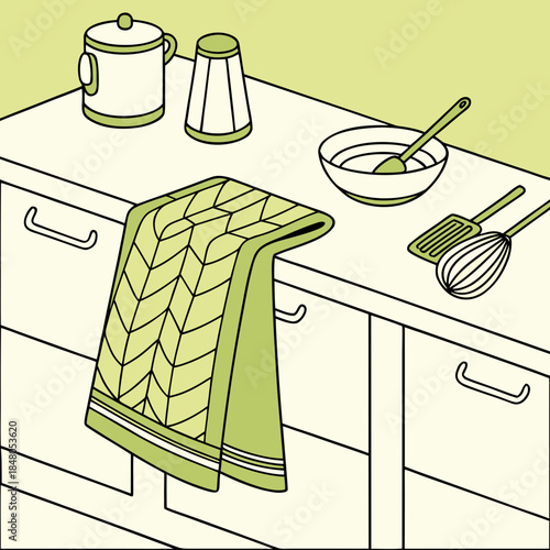 Kitchen counter with green towel and utensils bowl